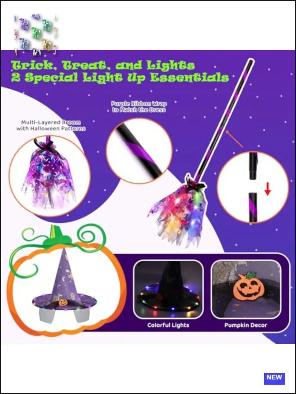 Girls Light Up Witch Costume Halloween Dress with Cape Hat Broom